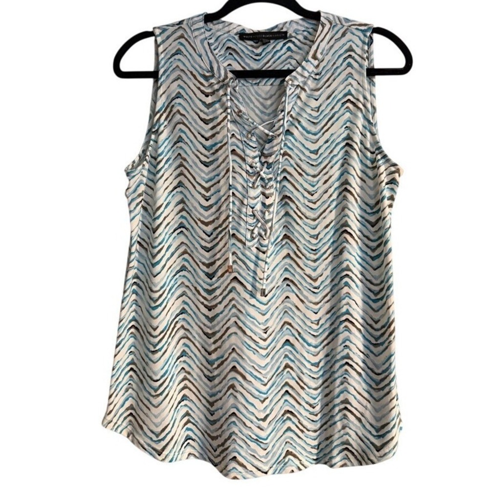 White House Black Market Sleeveless Teal Brown Chevron Lace Up V Neck Top Medium